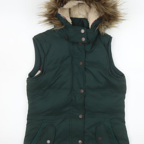 Fat Face Women's Green Faux Fur Hooded Puffer Gilet Size 10