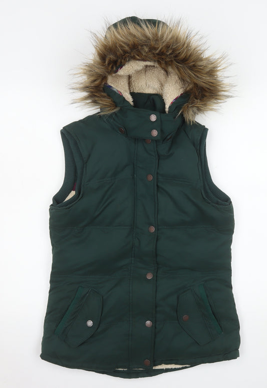 Fat Face Women's Green Faux Fur Hooded Puffer Gilet Size 10