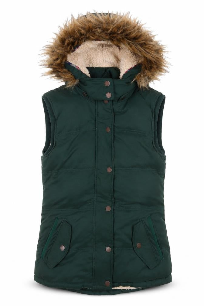 Fat Face Women's Green Faux Fur Hooded Puffer Gilet Size 10