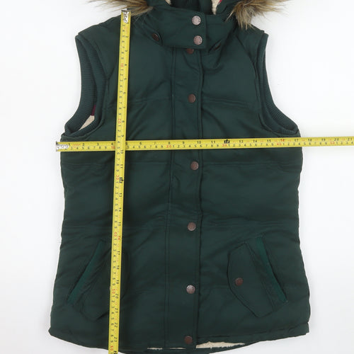 Fat Face Women's Green Faux Fur Hooded Puffer Gilet Size 10