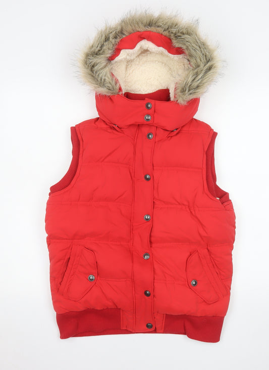 Fat Face Women's Red Puffer Hooded Waistcoat Size 12 Winter Gilet