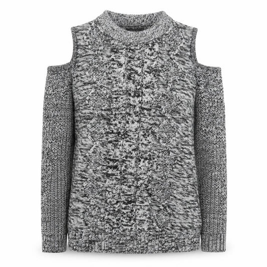Front view of Studio women’s grey cable knit cold shoulder jumper, size UK 12