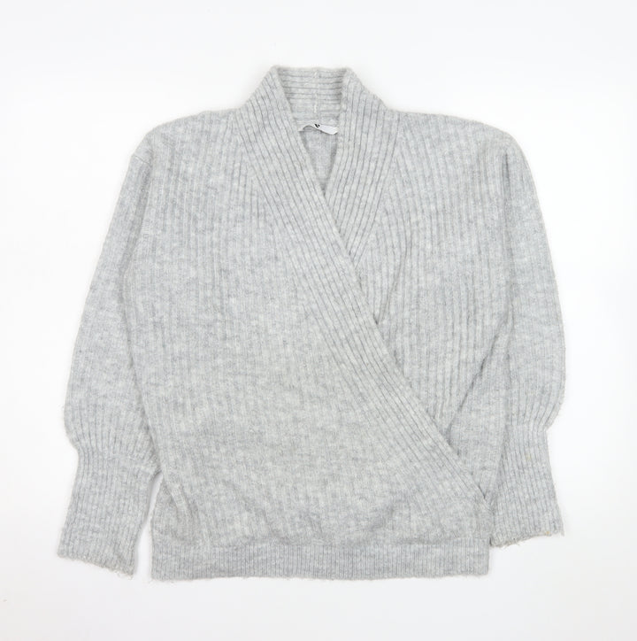 V By Very Women Grey Wrap Ribbed Knit Jumper Size 10