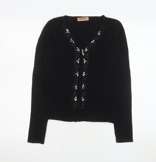 Zephirus Womens Black Beaded Full Zip Knit Jacket L Regular