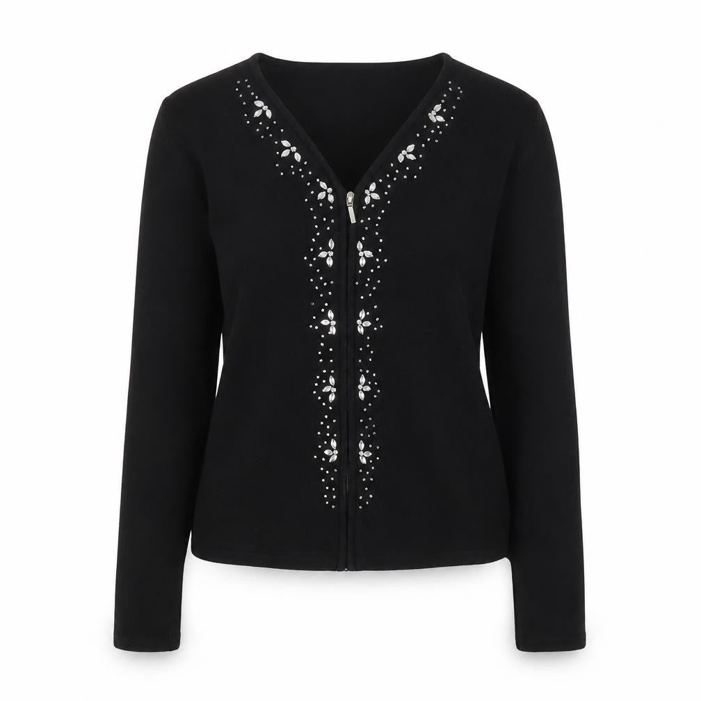 Front view of Zephirus women’s black beaded full zip knit jacket l regular