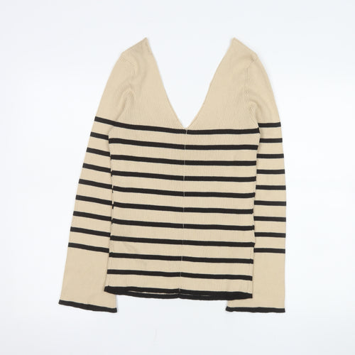 V by Very Womens Beige Black Striped V-Neck Knit Top Size 8