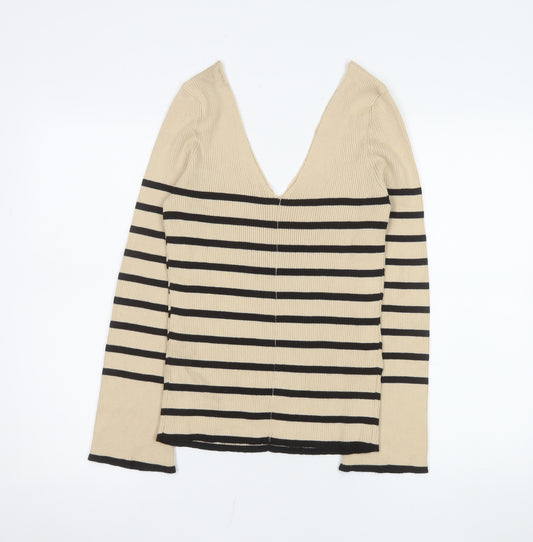 V by Very Womens Beige Black Striped V-Neck Knit Top Size 8