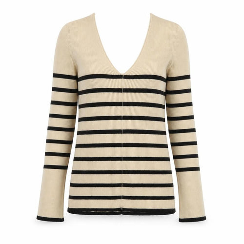 V by Very Womens Beige Black Striped V-Neck Knit Top Size 8