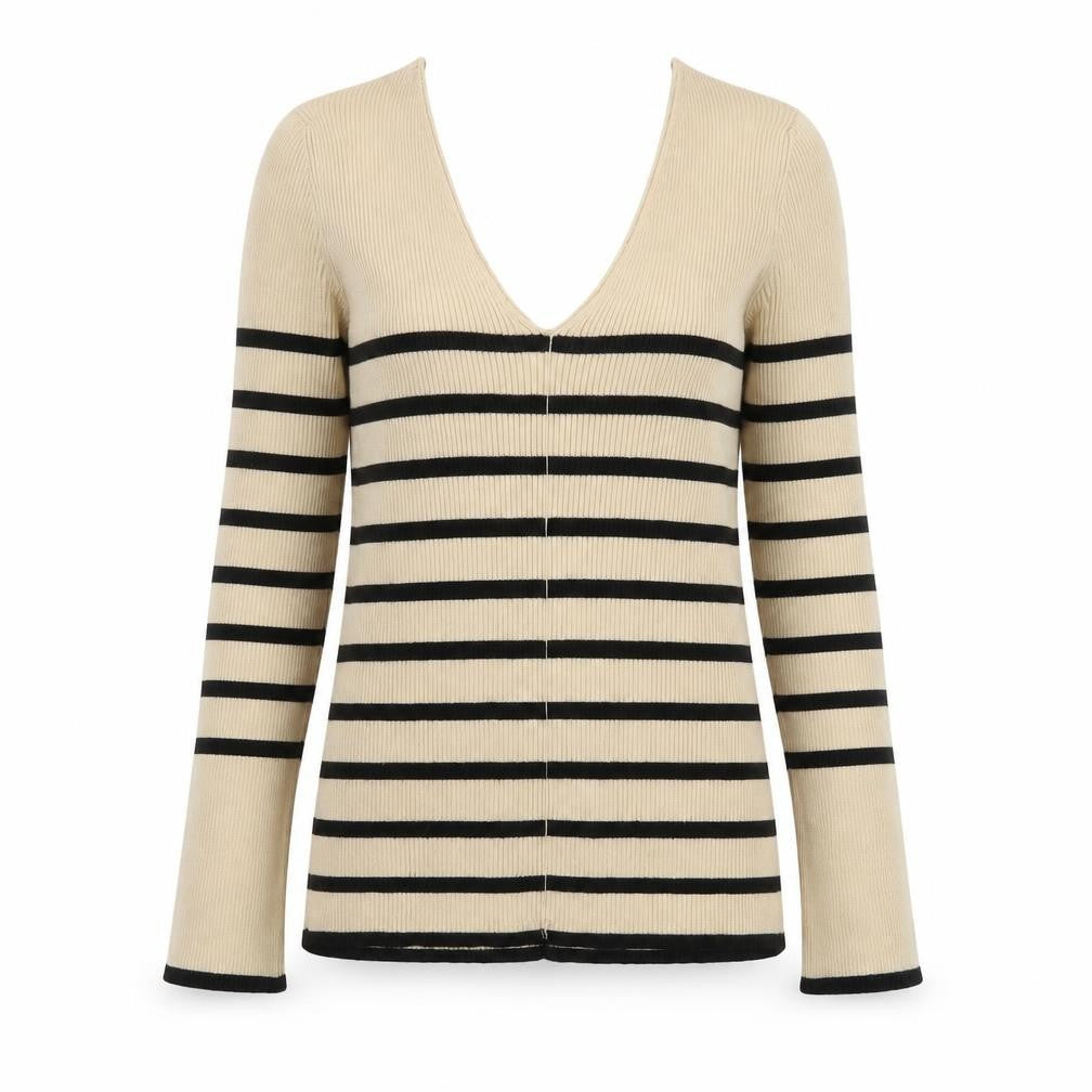V by Very Womens Beige Black Striped V-Neck Knit Top Size 8