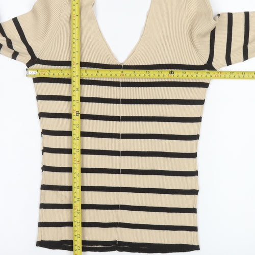 V by Very Womens Beige Black Striped V-Neck Knit Top Size 8