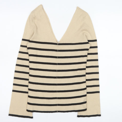 V by Very Womens Beige Black Striped V-Neck Knit Top Size 8