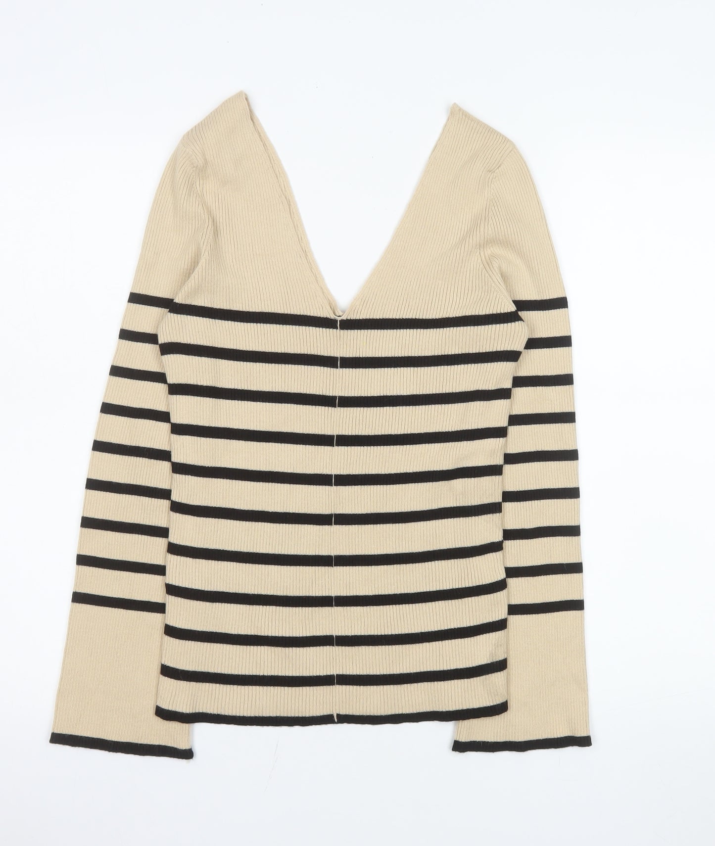 V by Very Womens Beige Black Striped V-Neck Knit Top Size 8