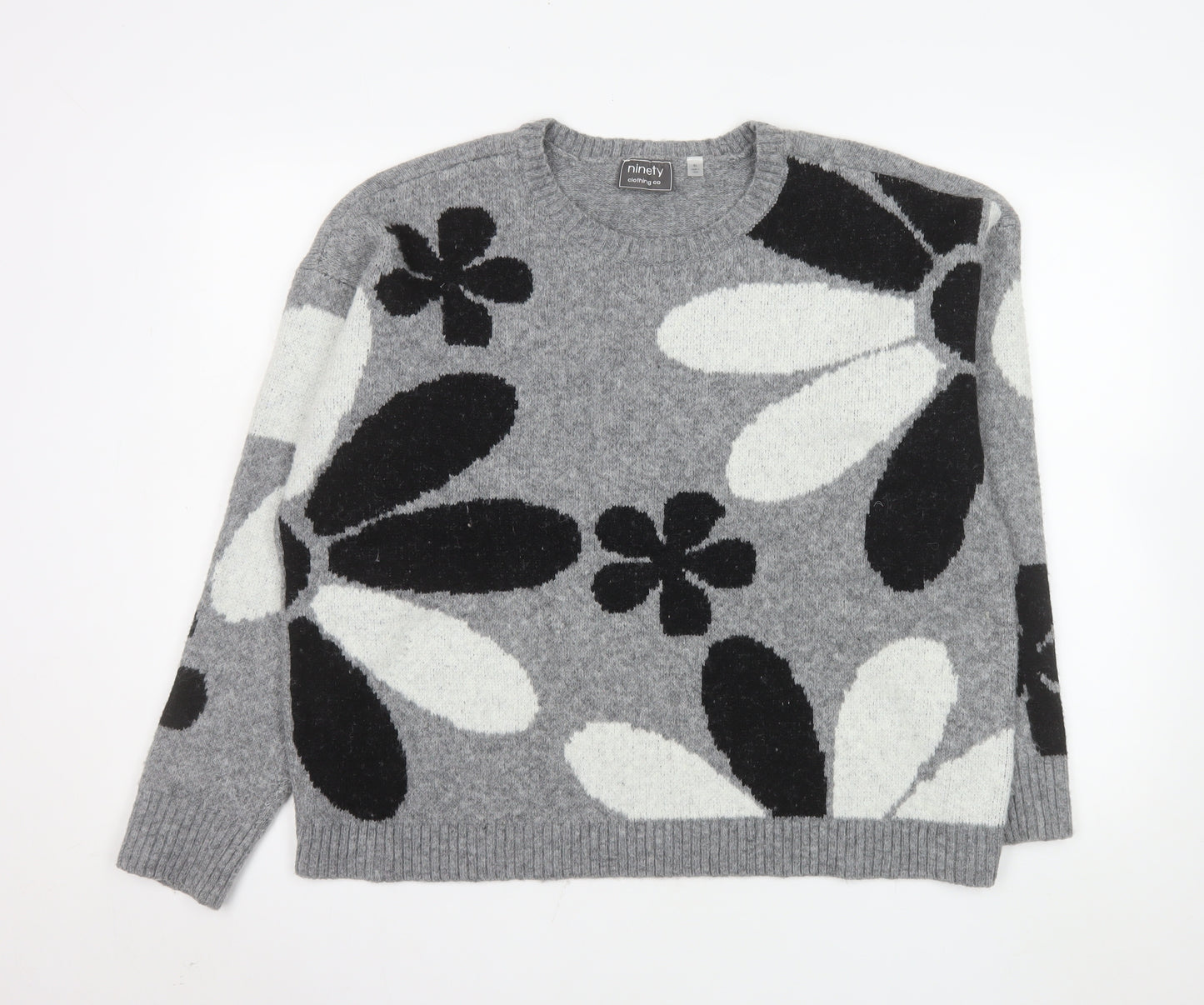 Ninety Clothing Co Women Grey Floral Knit Pullover Jumper XL