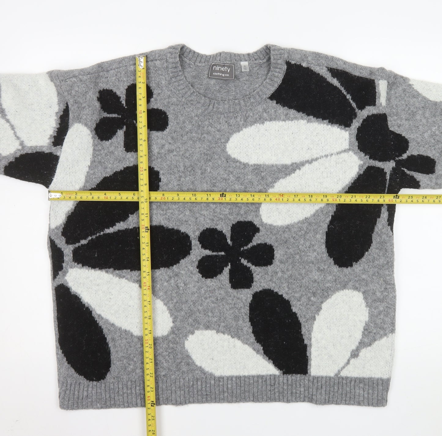 Ninety Clothing Co Women Grey Floral Knit Pullover Jumper XL