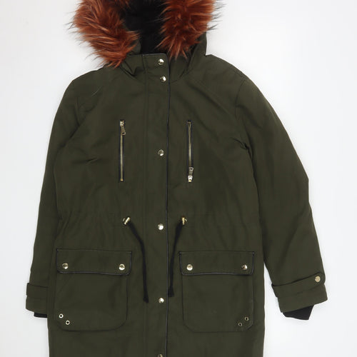 Falmer Heritage Women's Green Parka Coat Size 12 Faux Fur Hooded