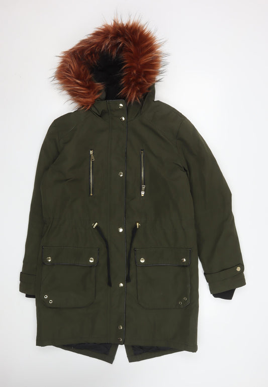 Falmer Heritage Women's Green Parka Coat Size 12 Faux Fur Hooded