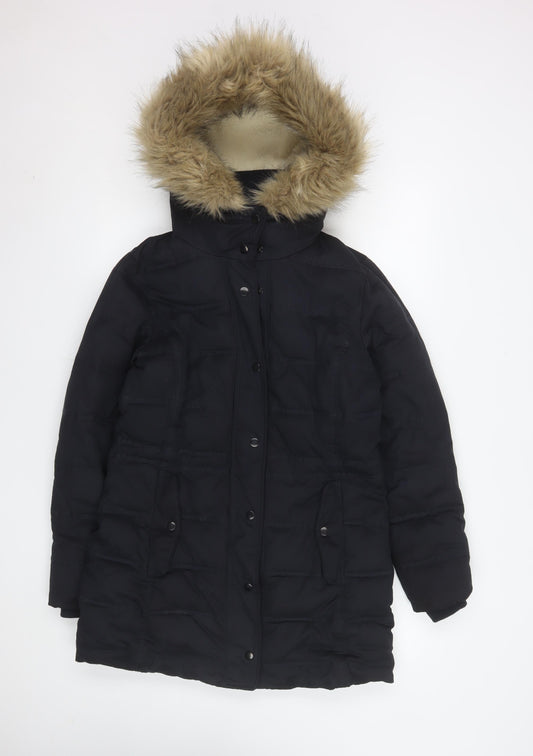 Weird Fish Women’s Black Fur Trim Hooded Parka Coat Size 8