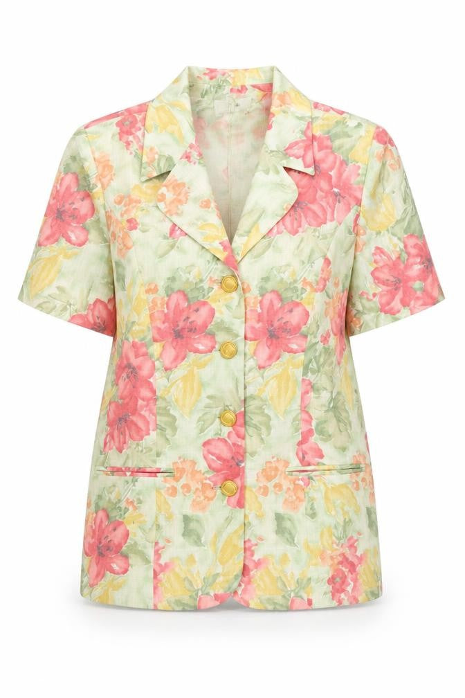 Front view of Marcelle Griffon women’s multicoloured floral short sleeve blazer, size UK 16