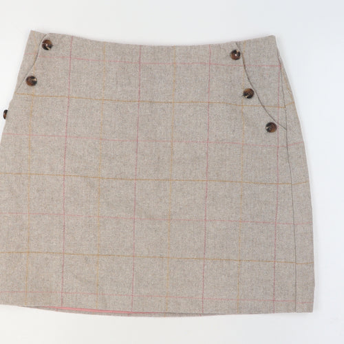Joules Womens Beige Wool Blend Check Knee Length A-Line Skirt UK 14