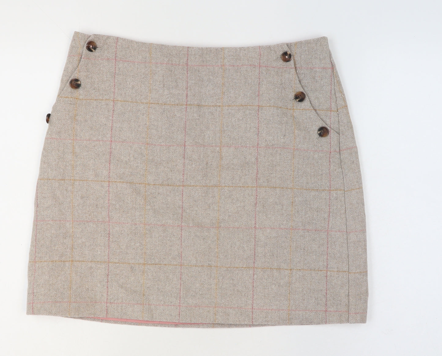 Joules Womens Beige Wool Blend Check Knee Length A-Line Skirt UK 14