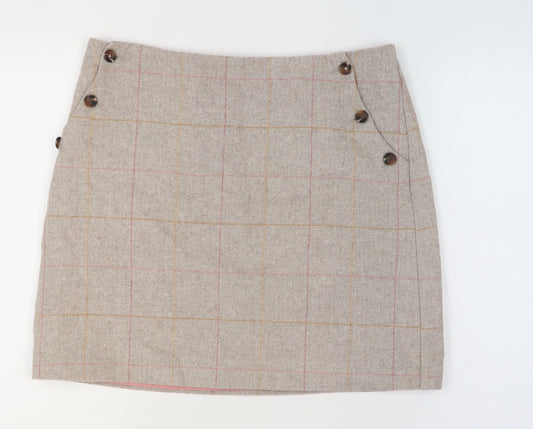 Joules Womens Beige Wool Blend Check Knee Length A-Line Skirt UK 14