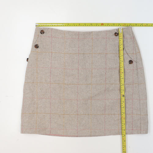 Joules Womens Beige Wool Blend Check Knee Length A-Line Skirt UK 14