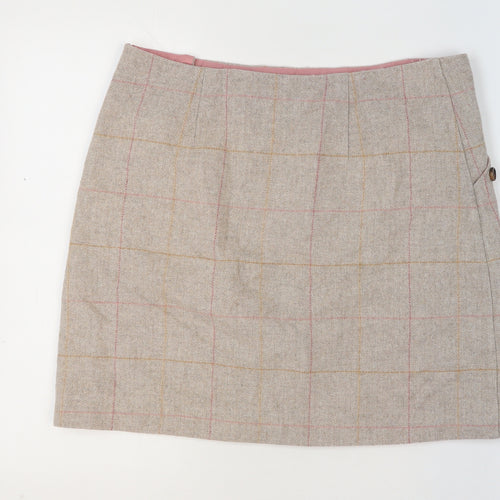Joules Womens Beige Wool Blend Check Knee Length A-Line Skirt UK 14