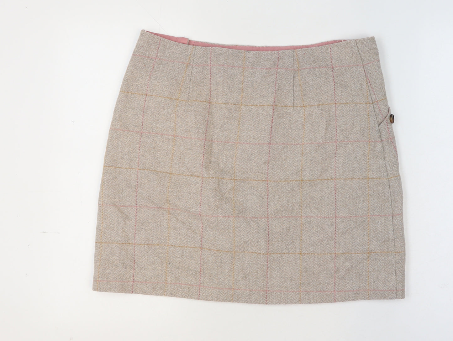 Joules Womens Beige Wool Blend Check Knee Length A-Line Skirt UK 14