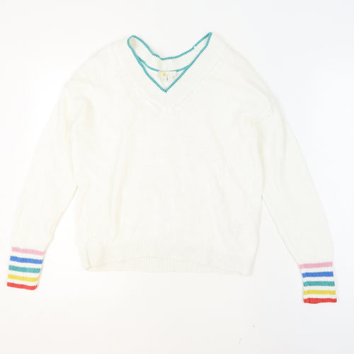 Boden Womens White Rainbow Cuff V-Neck Cotton Jumper UK 10