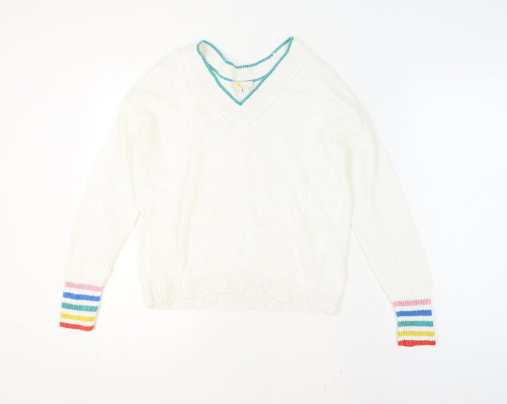 Boden Womens White Rainbow Cuff V-Neck Cotton Jumper UK 10