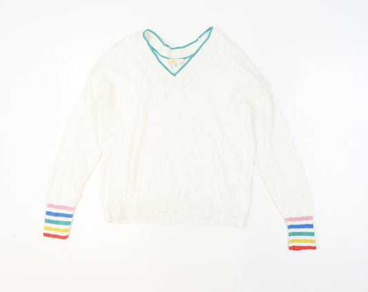 Boden Womens White Rainbow Cuff V-Neck Cotton Jumper UK 10