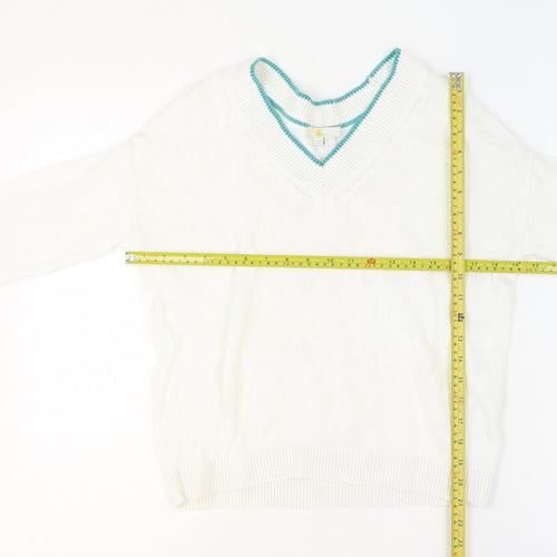Boden Womens White Rainbow Cuff V-Neck Cotton Jumper UK 10