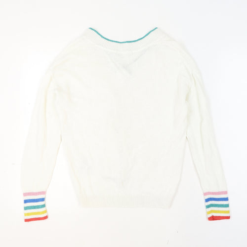 Boden Womens White Rainbow Cuff V-Neck Cotton Jumper UK 10