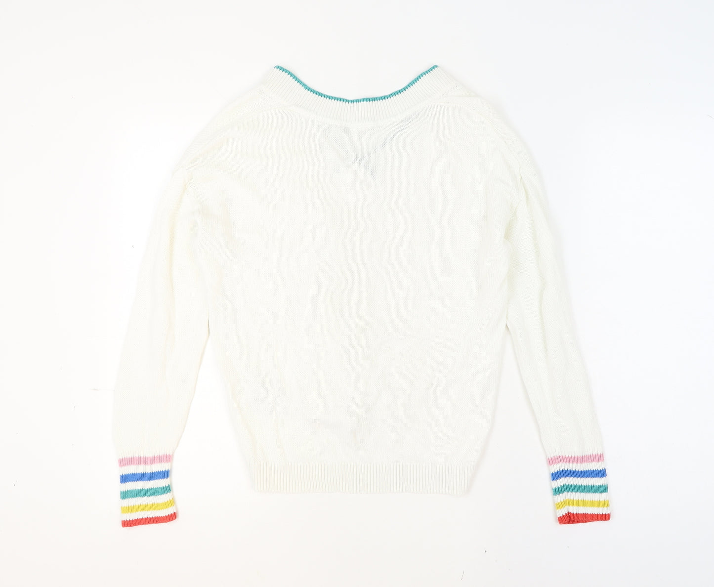 Boden Womens White Rainbow Cuff V-Neck Cotton Jumper UK 10