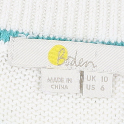 Boden Womens White Rainbow Cuff V-Neck Cotton Jumper UK 10