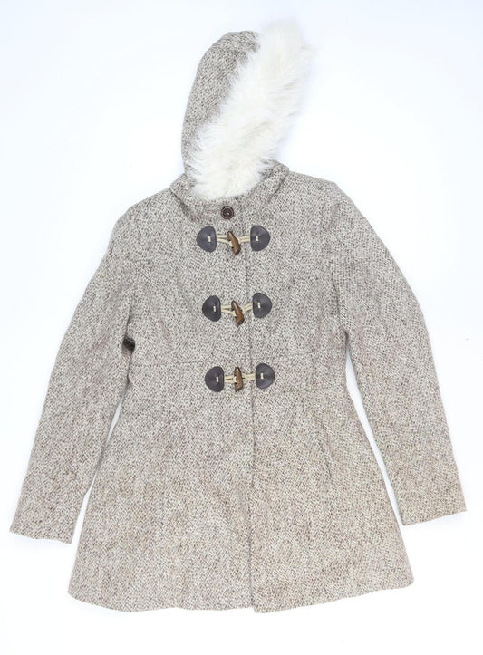Jane Norman Women Beige Wool Blend Hooded Duffle Coat UK 12