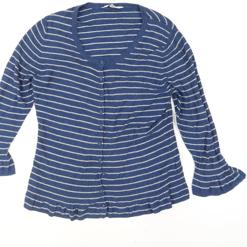 East Women Blue Striped Cotton Viscose Cardigan Size 14