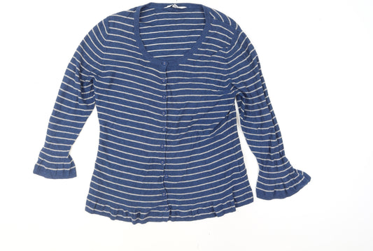 East Women Blue Striped Cotton Viscose Cardigan Size 14