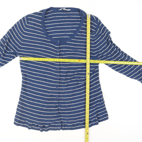 East Women Blue Striped Cotton Viscose Cardigan Size 14