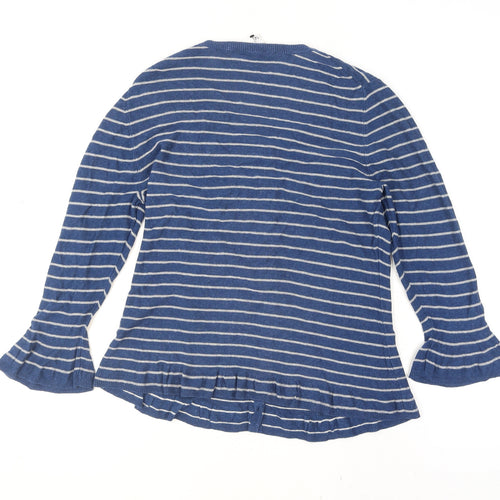 East Women Blue Striped Cotton Viscose Cardigan Size 14