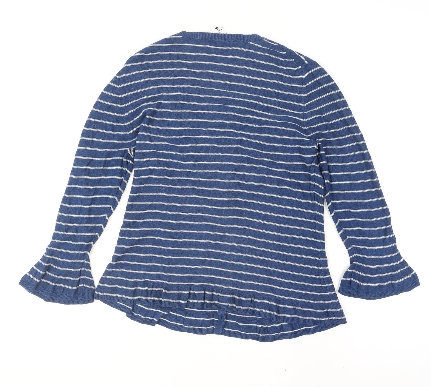 East Women Blue Striped Cotton Viscose Cardigan Size 14