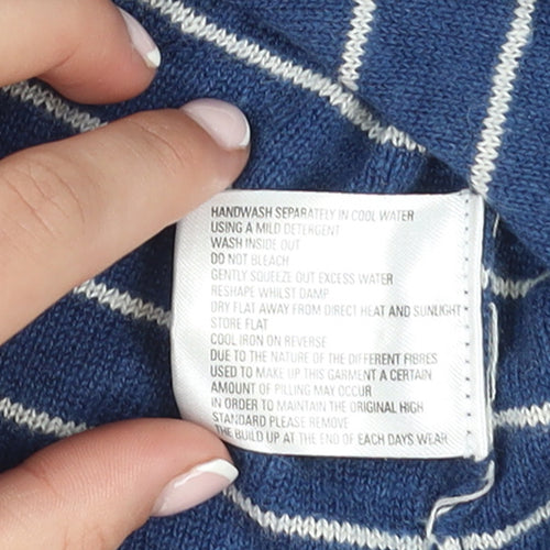 East Women Blue Striped Cotton Viscose Cardigan Size 14