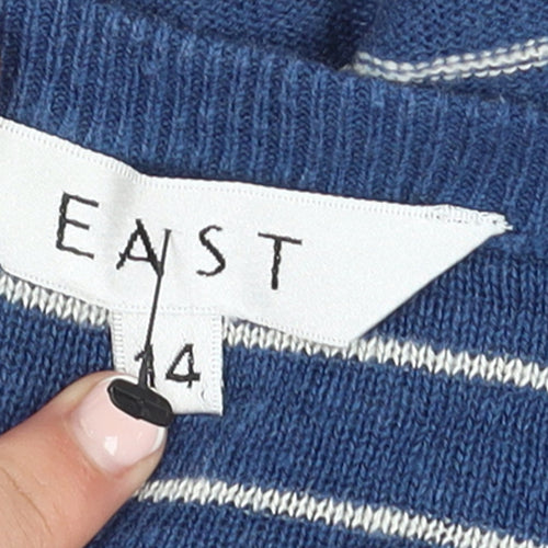 East Women Blue Striped Cotton Viscose Cardigan Size 14