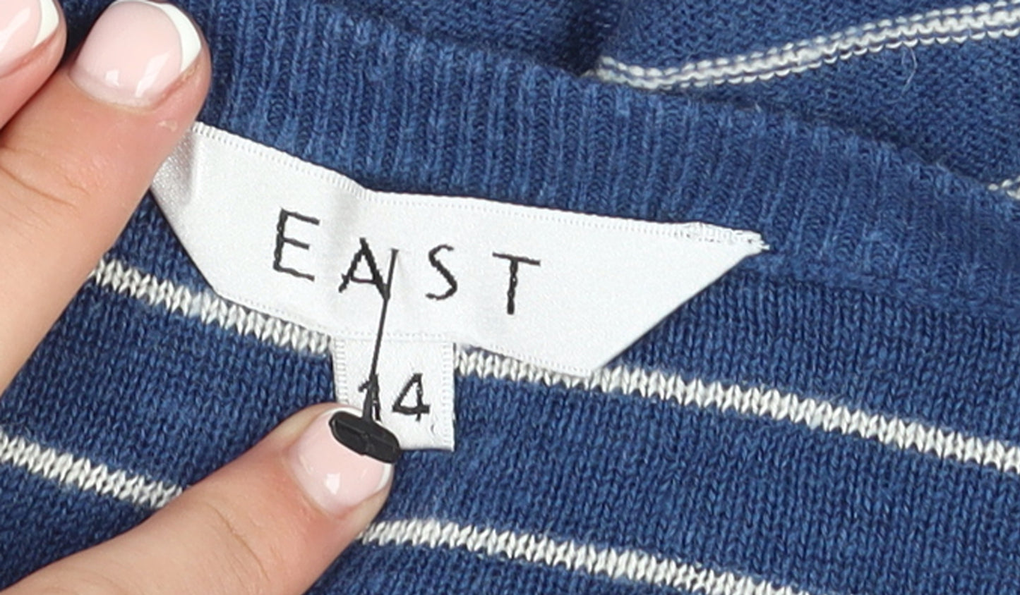 East Women Blue Striped Cotton Viscose Cardigan Size 14