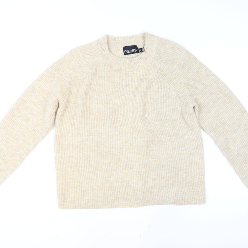 Pieces Womens Beige Wool Blend Knit Jumper L Long Sleeve Crew Neck