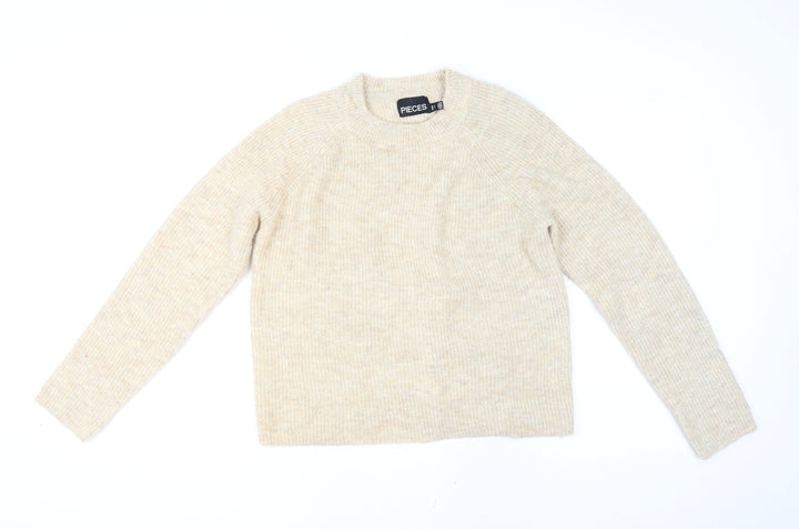 Pieces Womens Beige Wool Blend Knit Jumper L Long Sleeve Crew Neck