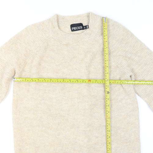 Pieces Womens Beige Wool Blend Knit Jumper L Long Sleeve Crew Neck