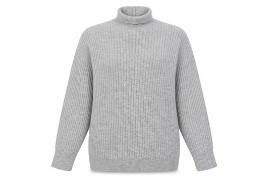 Front view of ASOS DESIGN Women’s Grey Roll Neck Ribbed Knit Jumper, size S, UK 8-10