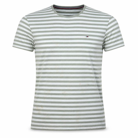 Front view of Tommy Hilfiger Men’s Green Striped Crew Neck Cotton Blend T-Shirt M