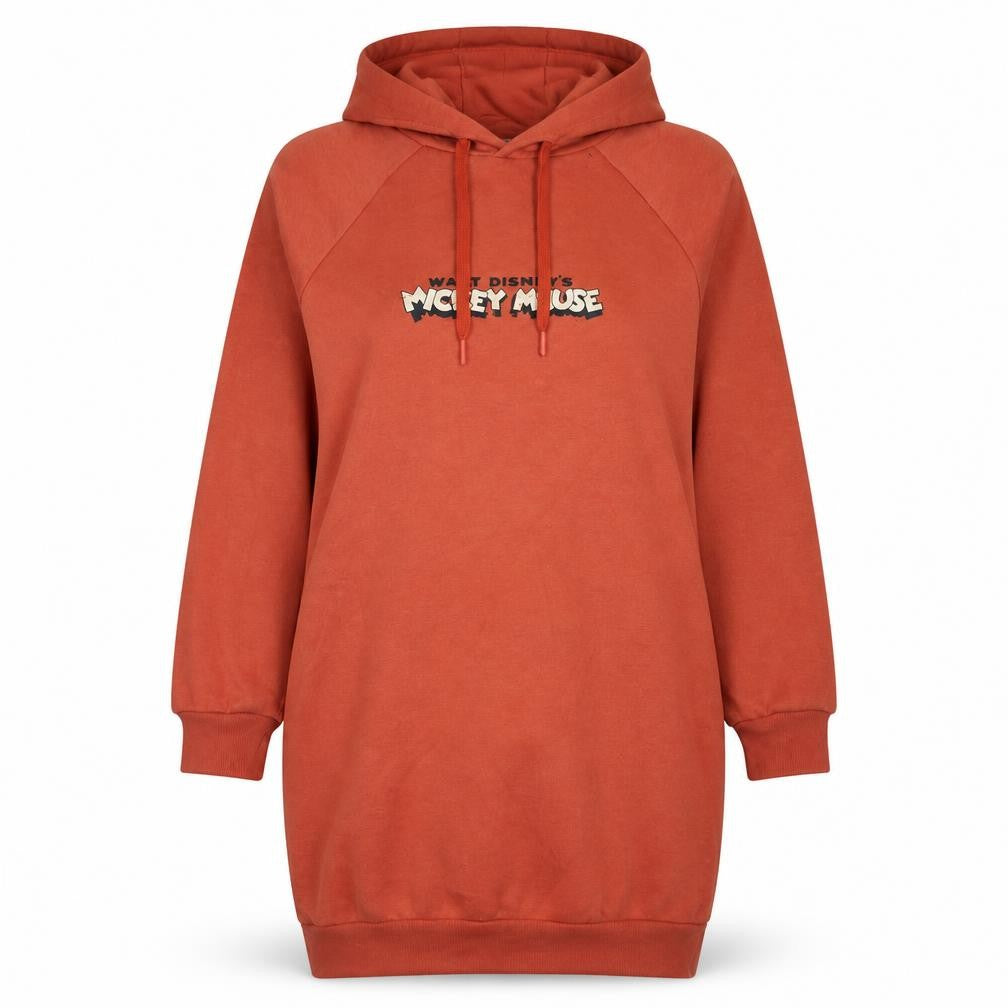 Front view of Disney women’s orange mickey mouse pullover hoodie dress xs